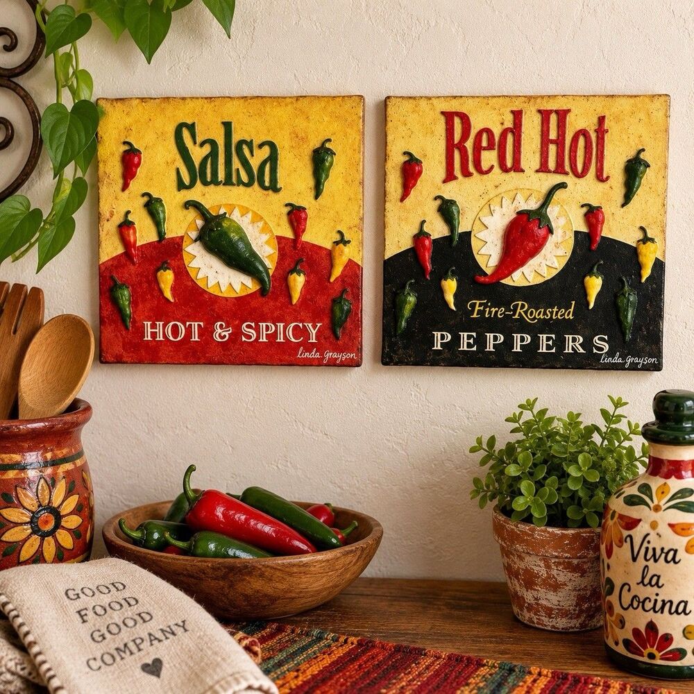 Linda Grayson Salsa Red Hot Peppers Wall Plaque Set of 2 Kitchen Decor 5.5in Vtg